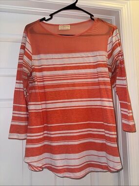 Talbots Coral and White Striped Scoop-Neck Long Sleeve Top